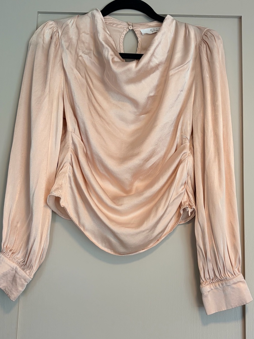 Astr Blush Pink Satin Draped Blouse with Puff Sleeves medium